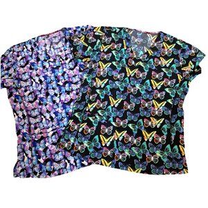 2 Divine Stretch Scrub Top Size M Multicolor Butterflies Pockets Medical Dental